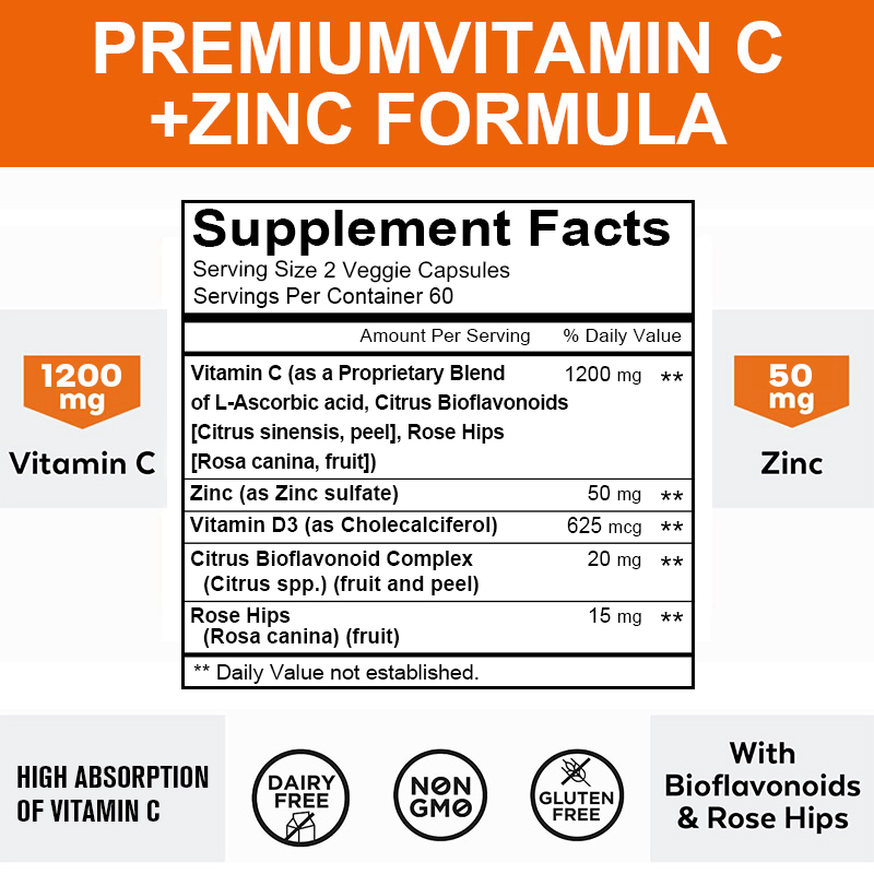 Zinc Supplement 50Mg - Cápsulas de vitamina C de 1200